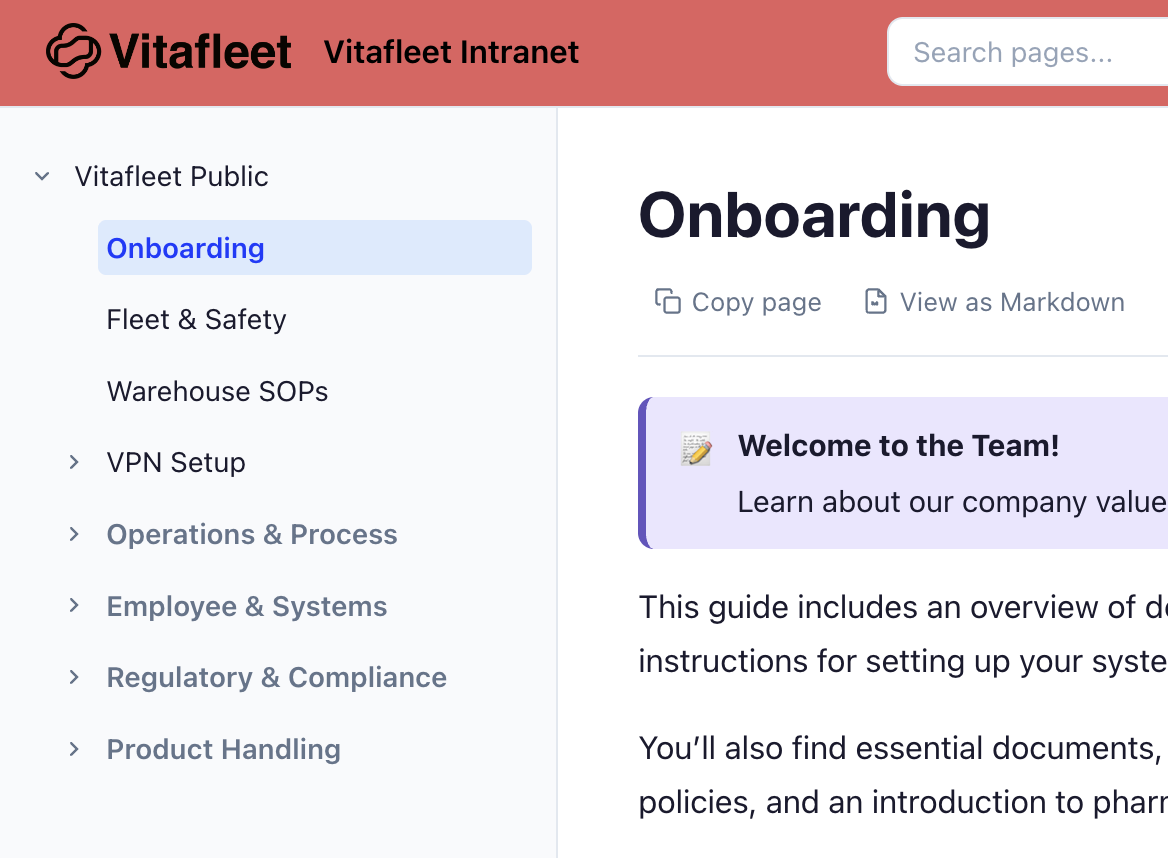 A published intranet site with a coloured header, a page tree of sections on the left and an Onboarding page with a welcome panel.